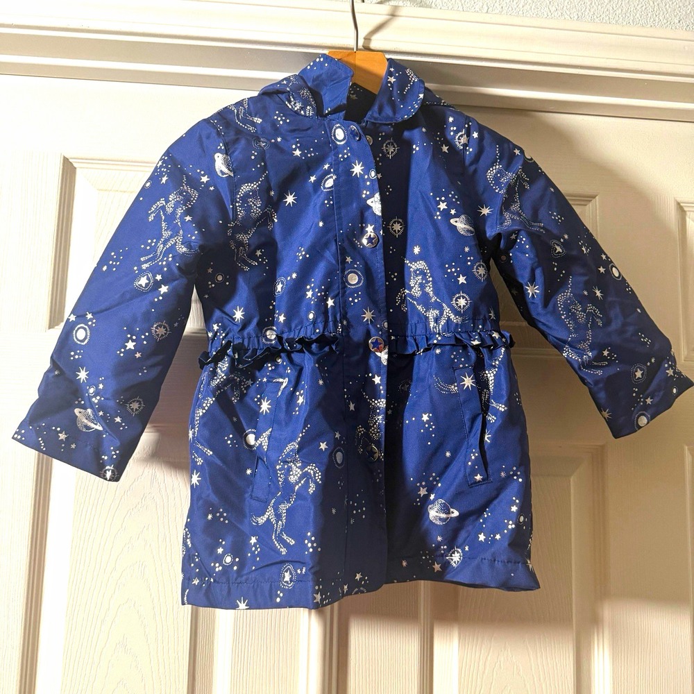London Fog Girls Sz 6 Hooded Rain Coat Blue Unicorn Stars Zip Lined Pockets
